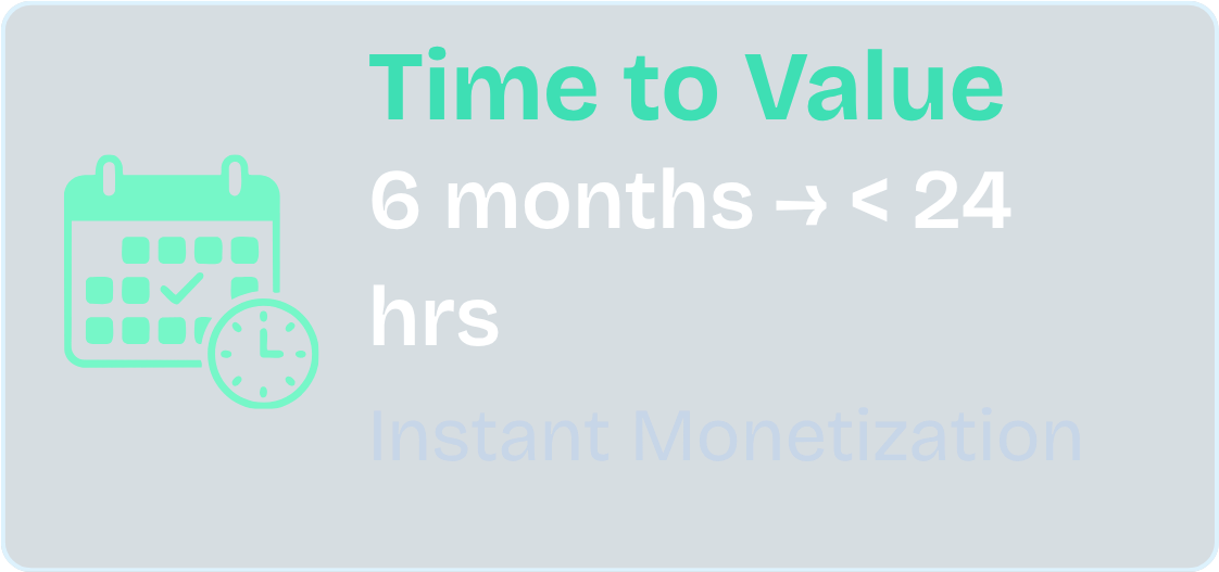 Time to Value card showing 6 months to less than 24 hours and Instant Monetization